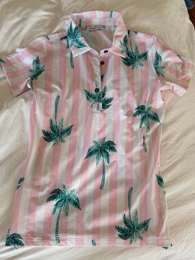 Kenny Flowers Pink Cabana Stripe Palm Tree Tennis Golf Ladies Polo NWOT